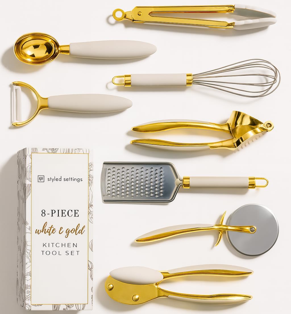 White & Gold Cooking Utensils Set - Luxe 8-Piece Kitchen Gadget Set Includes Can Opener, Tongs and Garlic Press - Stylish White and Gold Kitchen Accessories for Modern Kitchens, Ideal for Gifting