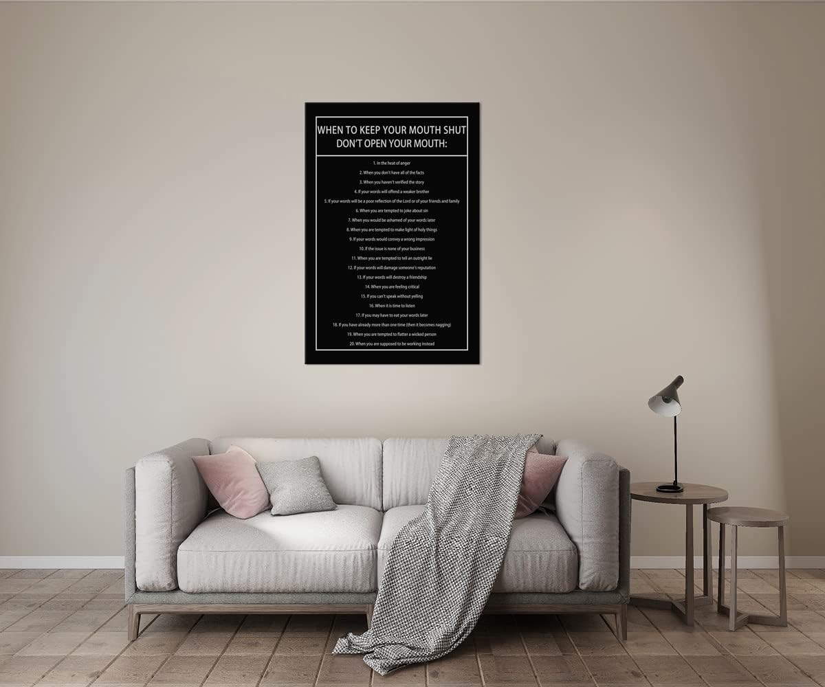 Inspirational Canvas Wall Art When to Keep Your Mouth Shut Don't Open Your Mouth Life Motivational Poster Life Learning Quote Picture Home Office Decor Painting Framed and Stretched[24''W x 36''H]