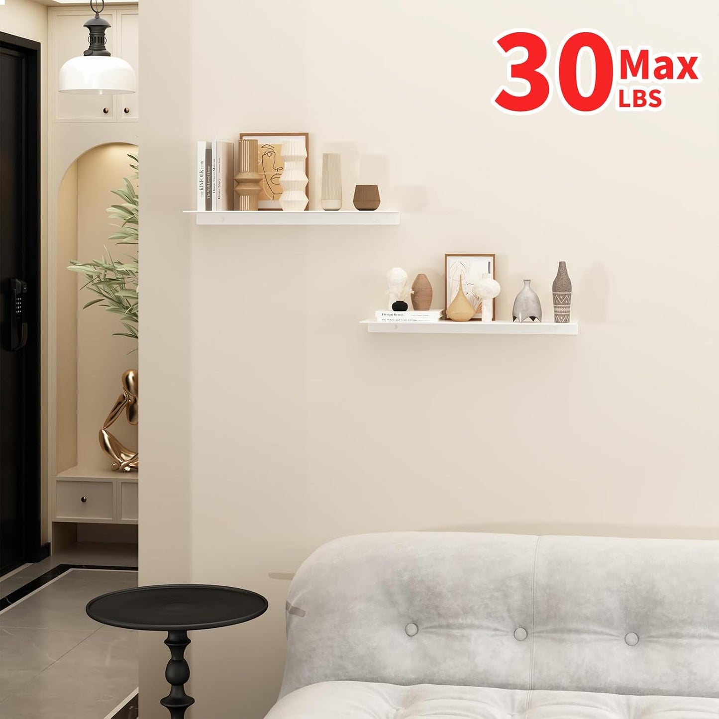 JOOM White Floating Shelves for Wall Storage, Metal Wall Shelves for Living Room, Bathroom, Kitchen, 20” Long Display Shelves for Collectibles(2 PCS)