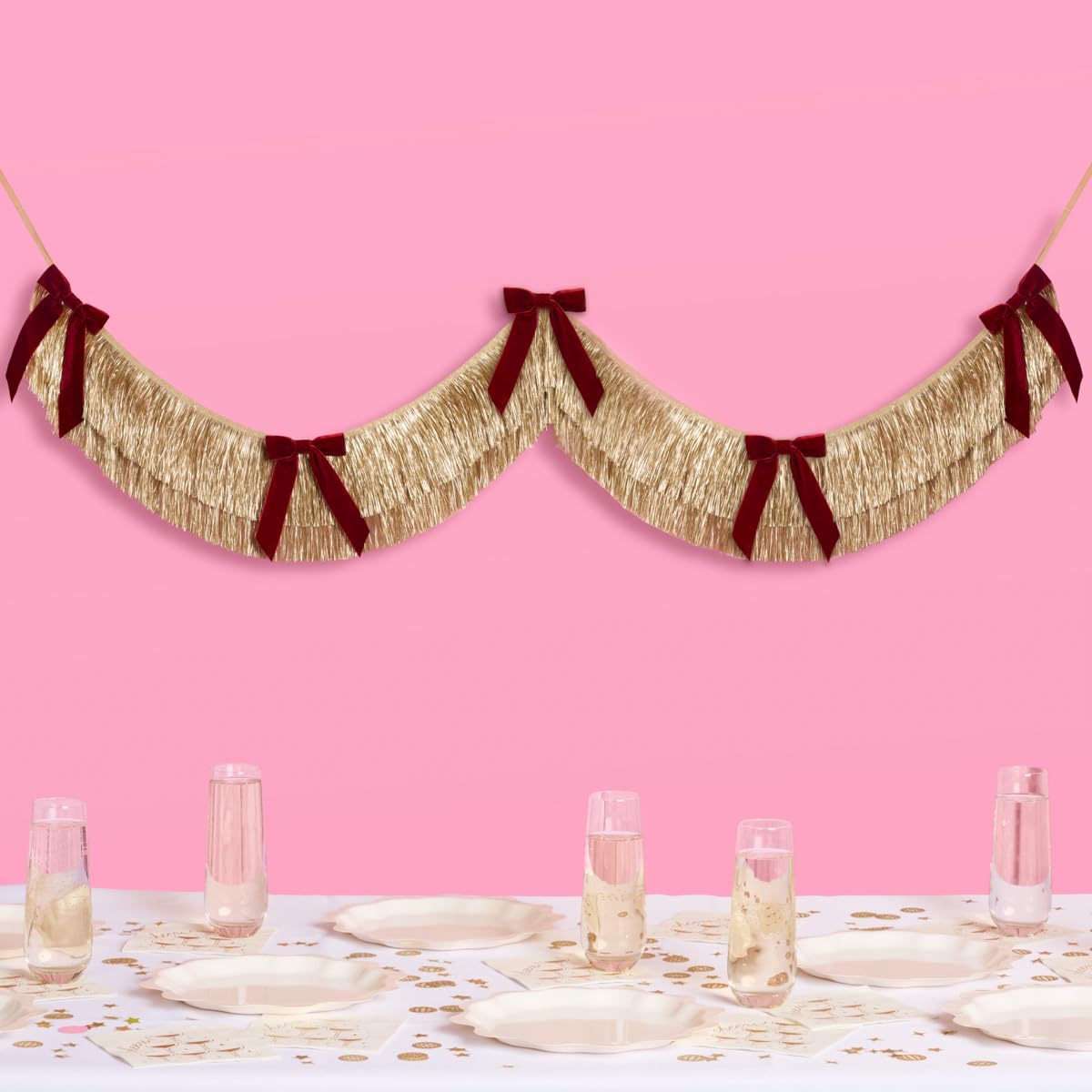 xo, Fetti Gold Fringe + Red Velvet Bow Banner 6 Ft. | Bachelorette Decoration, Christmas Party Sign, Bridal Shower Decor, Birthday Photoshoot Backdrop