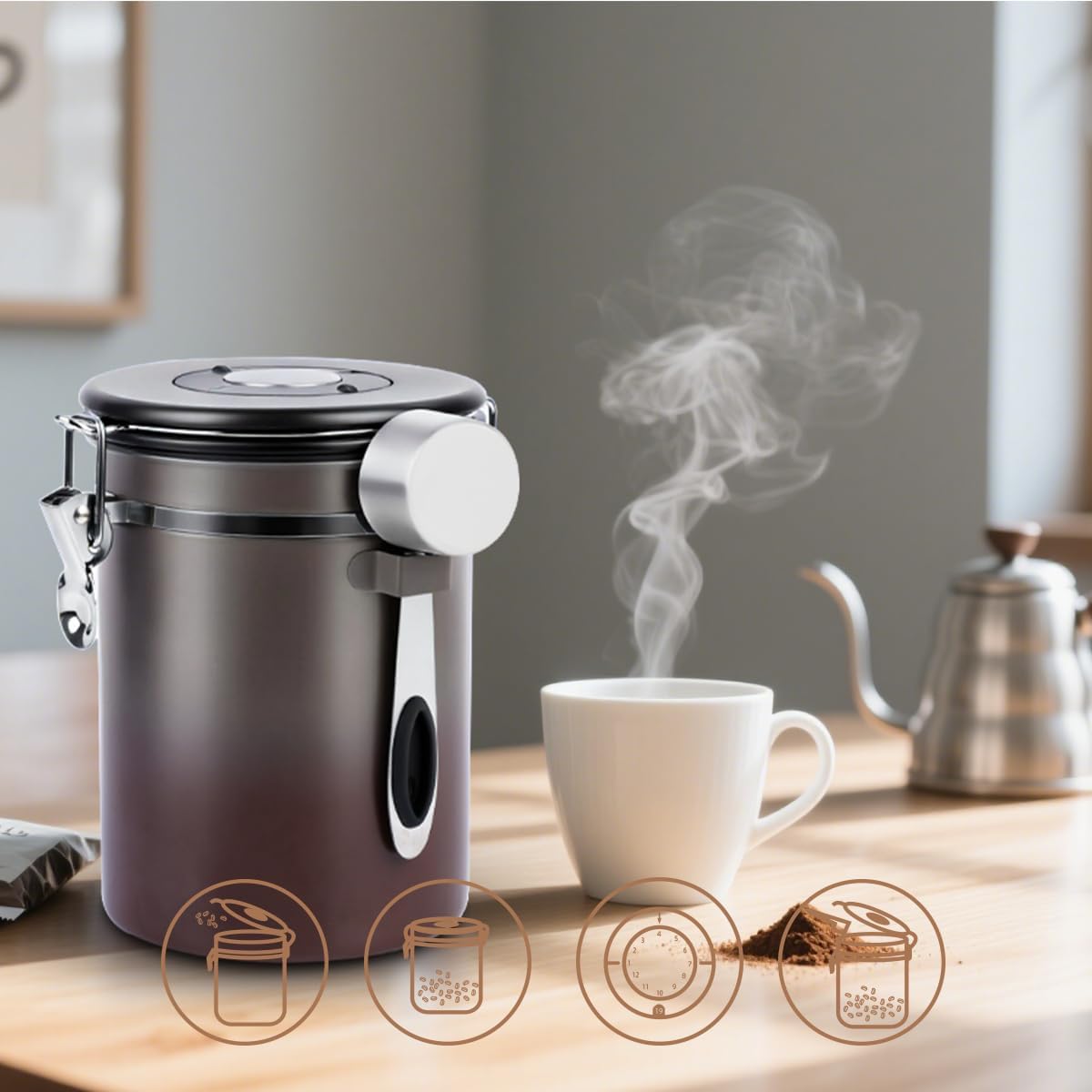 Coffee Canister Airtight Storage Container Stainless Steel Coffee Jar with Scoop,Date Tracker CO2 Release Valve for Dry Food Beans Ground Tea Flour Cereal and Sugar (1.8L Grey-Brown With Spoon)