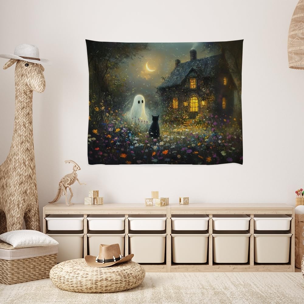 Halloween Black Cat and Ghost Tapestry Wall Hanging for Spooky Cute Bedroom Decor Dark Academia Moon Wildflower Cottage Tapestries Aesthetic for Home Living Room Decoration 60x80inch