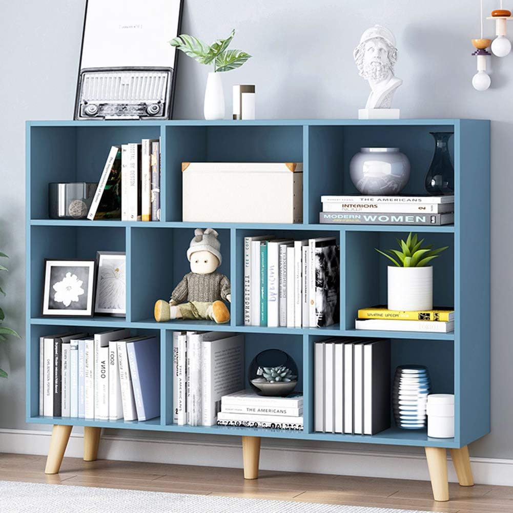 IOTXY Wooden Open Shelf Bookcase - 3-Tier Floor Standing Display Cabinet Rack with Legs, 10 Cubes Bookshelf, Bright Blue