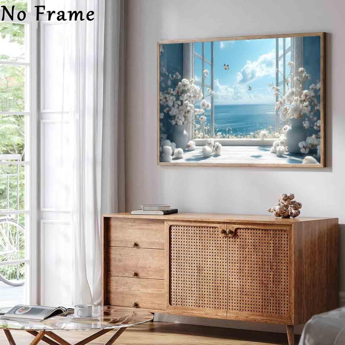 Open Window Canvas Wall Art Cotton Bouquet Wall Art White Flower Painting Blue Sea Picture Coastal Flower Painting Still Life Pictures Relaxing Living Room Decor 16x24inch No Frame