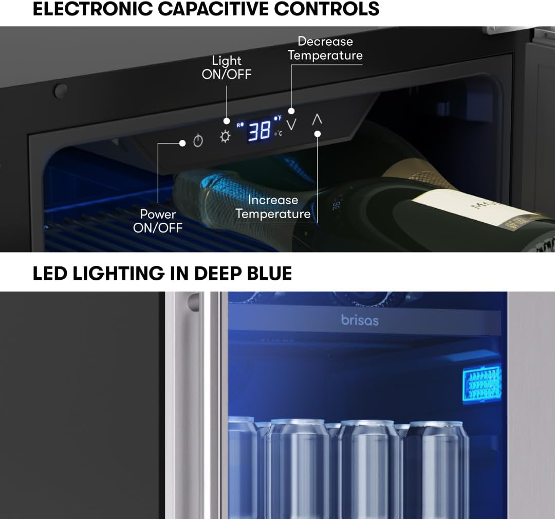 Zephyr Brisas 15 Inch Slim Beverage Fridge Single Zone Under Counter - Narrow Mini Wine & Drink Cooler Small Cabinet Wine Refrigerator Home Bar Freestanding with Glass Door - 4 Bottles, 64 Cans
