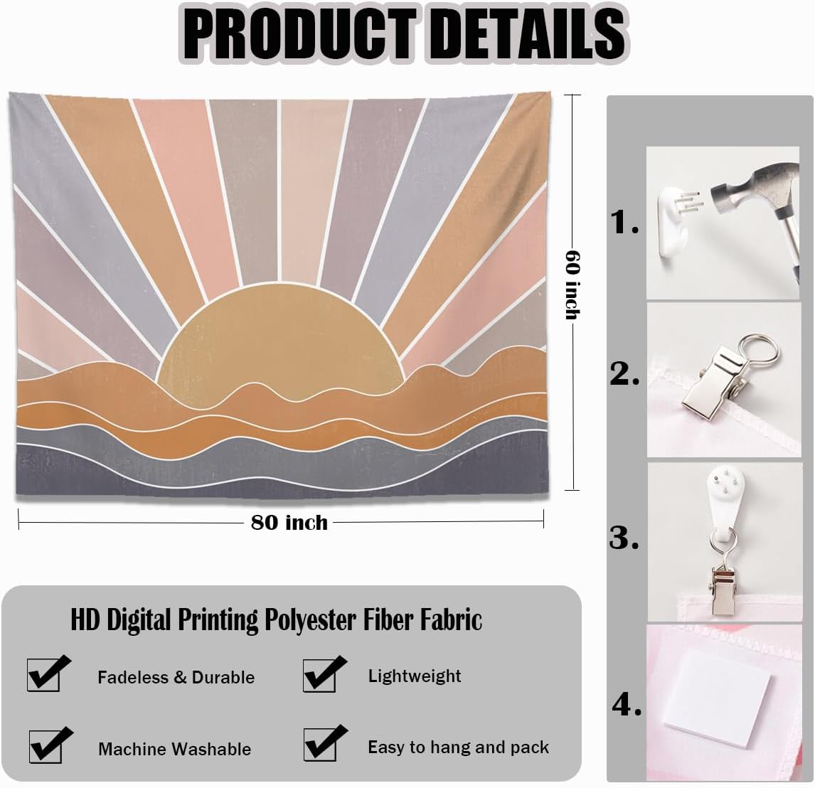 keowhsf Boho Sun Mountain Tapestry Wall Hanging - Retro 70s Vintage Rainbow Sunrise Sunset Design, Abstract Geometric Hippie Art Tapestry for Bedroom, Living Room & Dorm Decor