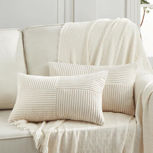 Fancy Homi 2 Packs Cream Long Lumbar Decorative Throw Pillow Covers 12x24 Inch for Couch Bed Sofa, Rustic Farmhouse Boho Home Decor, Soft Striped Corduroy Rectangle Accent Cushion Case 30x60 cm