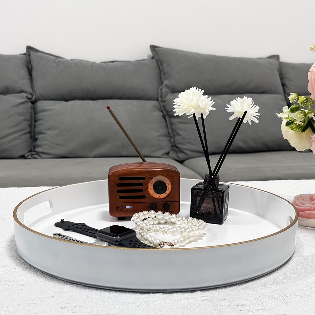 13" Round Decorative Tray, White Serving Tray with Handles, Plastic Coffee Table Tray for Ottoman, Living Room, Bathroom, Décor.