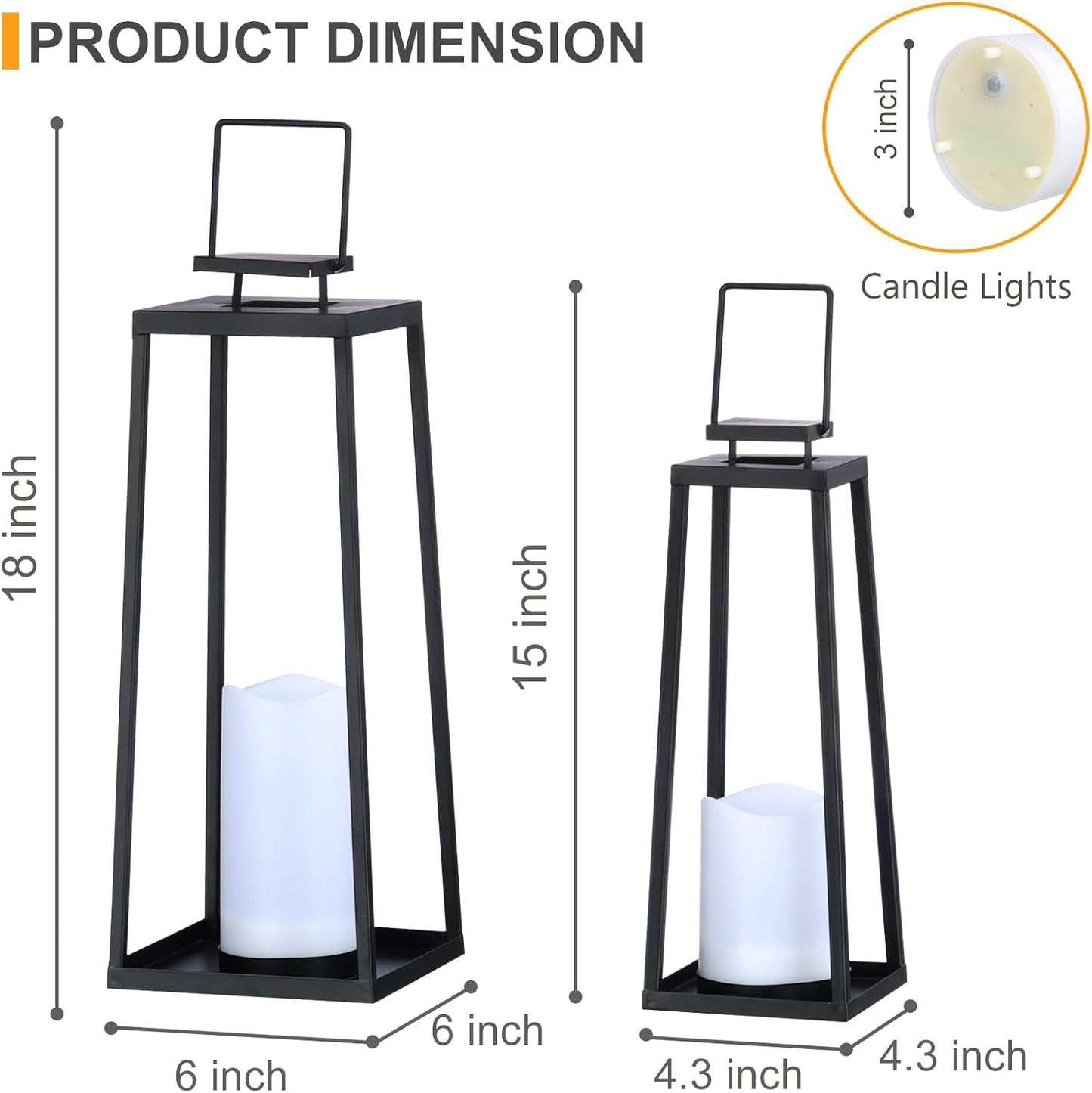 Solar Lantern Decorative Outdoor Set of 2 (18’’ & 15’’) Modern Black Metal Lanterns with Solar Candles, Decorative Candle Lanterns for Outdoor Porch, Patio, Garden, Yard Decor