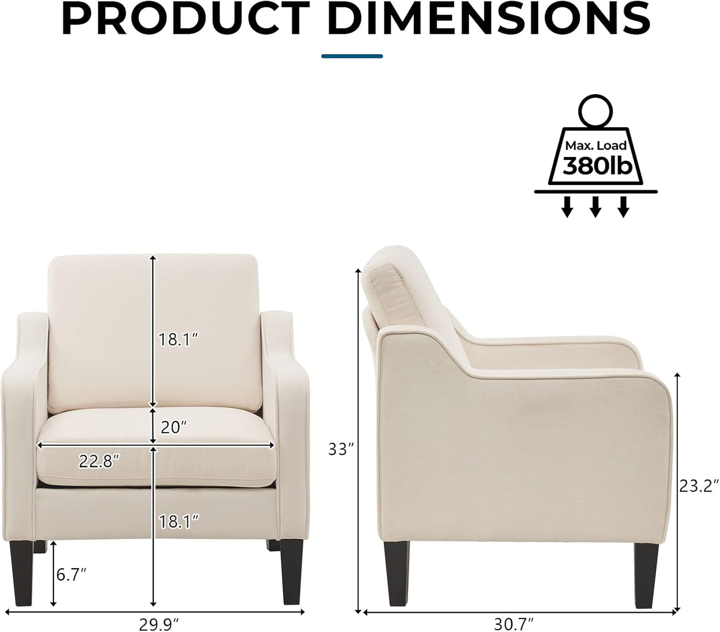 VINGLI Modern Accent Chairs Set of 2, Beige Living Room Chairs Comfy Armchair for Bedroom, Upholstered Sofa Chair Reading Chair for Small Spaces, Apartment, Waiting Room