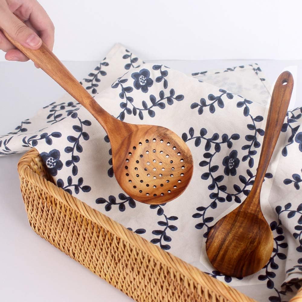 7 Pcs Acacia Wood Cooking Utensils Set Large Wooden Spoons for Cooking Spatula Salad Mixing Spoon Non Toxic Utensil for Kitchen Use Spatulas Non Stick Turner Slotted Serving Spoon Kitchen Utensils