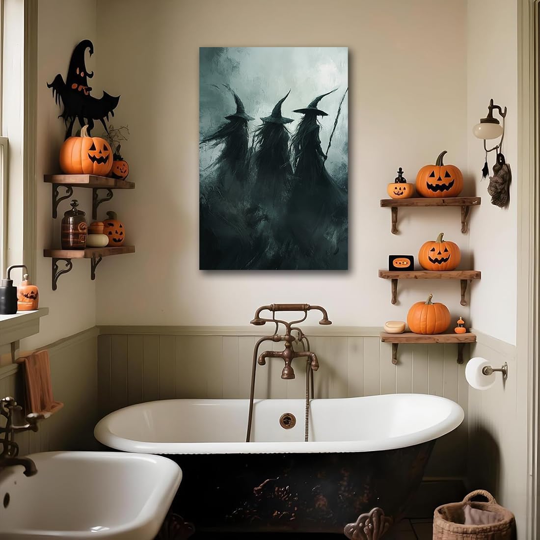 Gothic Witchs Horror Halloween Wall Art,Three Witches in Moody Forest Painting Wall Decor,Autumn Spooky Witches Forest Canvas Printing For Gallery Living Room Bedroom,16"x24" Framed