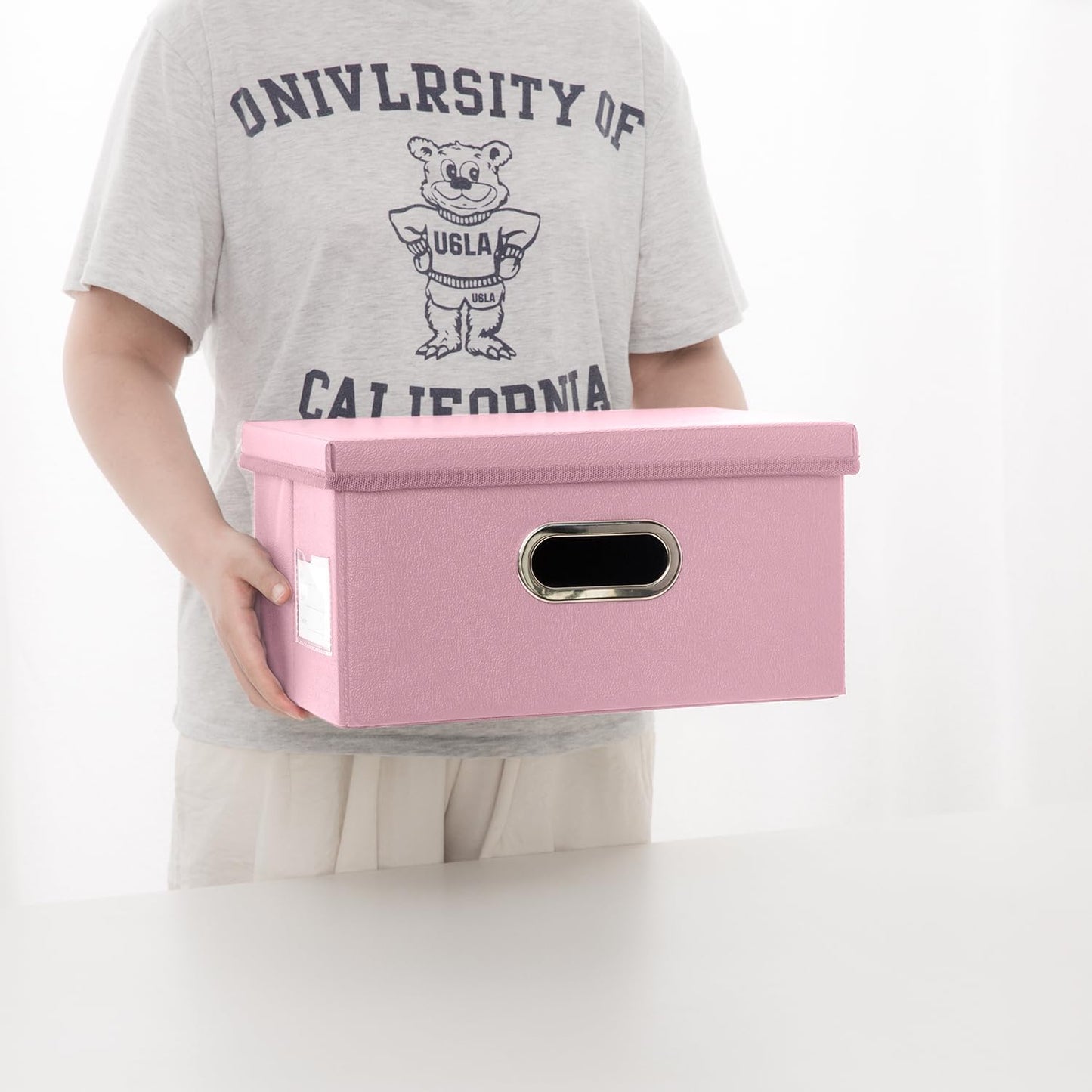 PRANDOM Collapsible Storage Box with Lid [1-Pack] Leather Fabric Foldable Storage Bin Organizer Container Basket Cube with Cover for Home Bedroom Closet Office Nursery Pink (13.6x9.6x6.9)