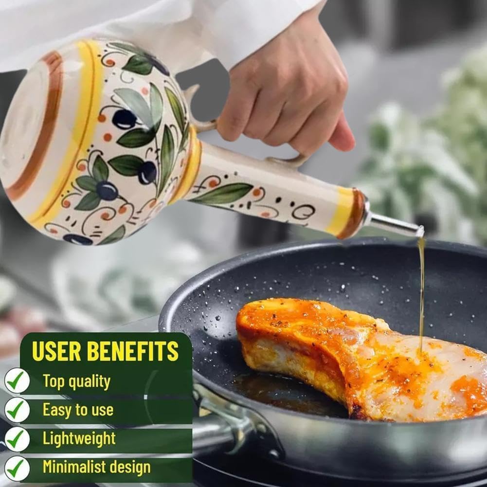 Italian Ceramic Olive Oil Dispenser Bottle 23oz, Hand Painted Olive Oil Bottles, Decorative Stoneware Olive Oil Cruet for Kitchen with Stainless Steel Spout for Oils, Sauces, Vinegar