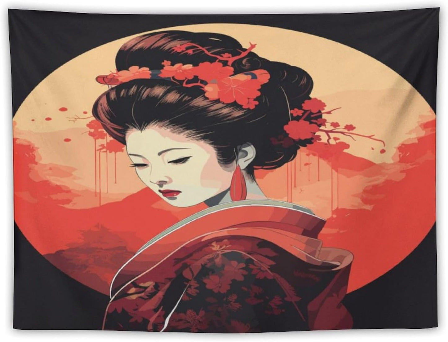 Japanese Woman Geisha Tapestry Asian Cherry Blossom Red Sun Traditional Kimono Folk Tapestries Home Decor for Living Room Bedroom Apartment Farmhouse Dorm 60"x50"