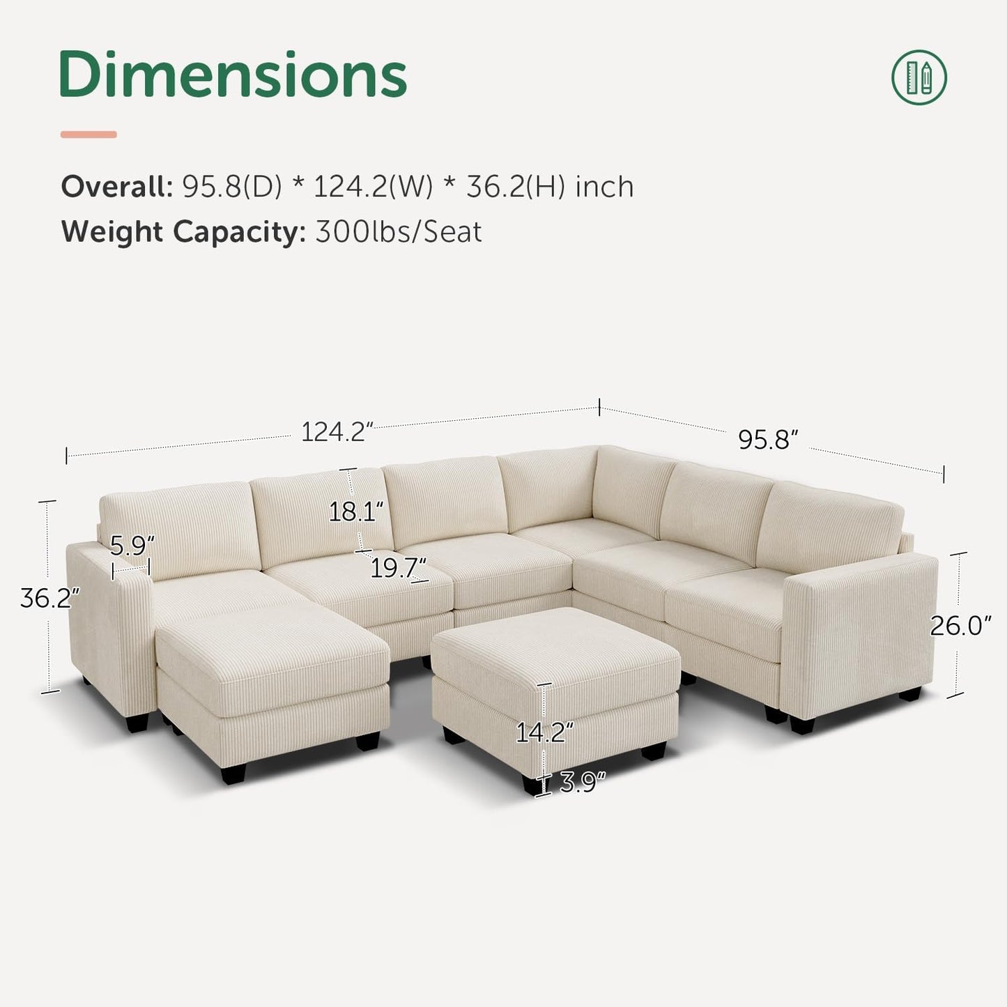 HONBAY Corduroy Sectional Couch with Storage U Shaped Sectional Sofa Modular Sectional Couches for Living Room, Beige