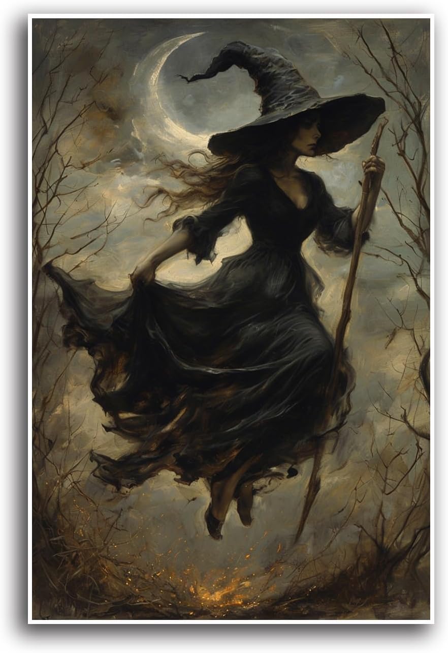 JFHCQJPK Witch in the Forest Halloween Print Wall Art Poster Witch Decor Vintage Print Dark College Wall Art Victorian Gothic Room Decor Canvas Wall Print28x40in Frameless