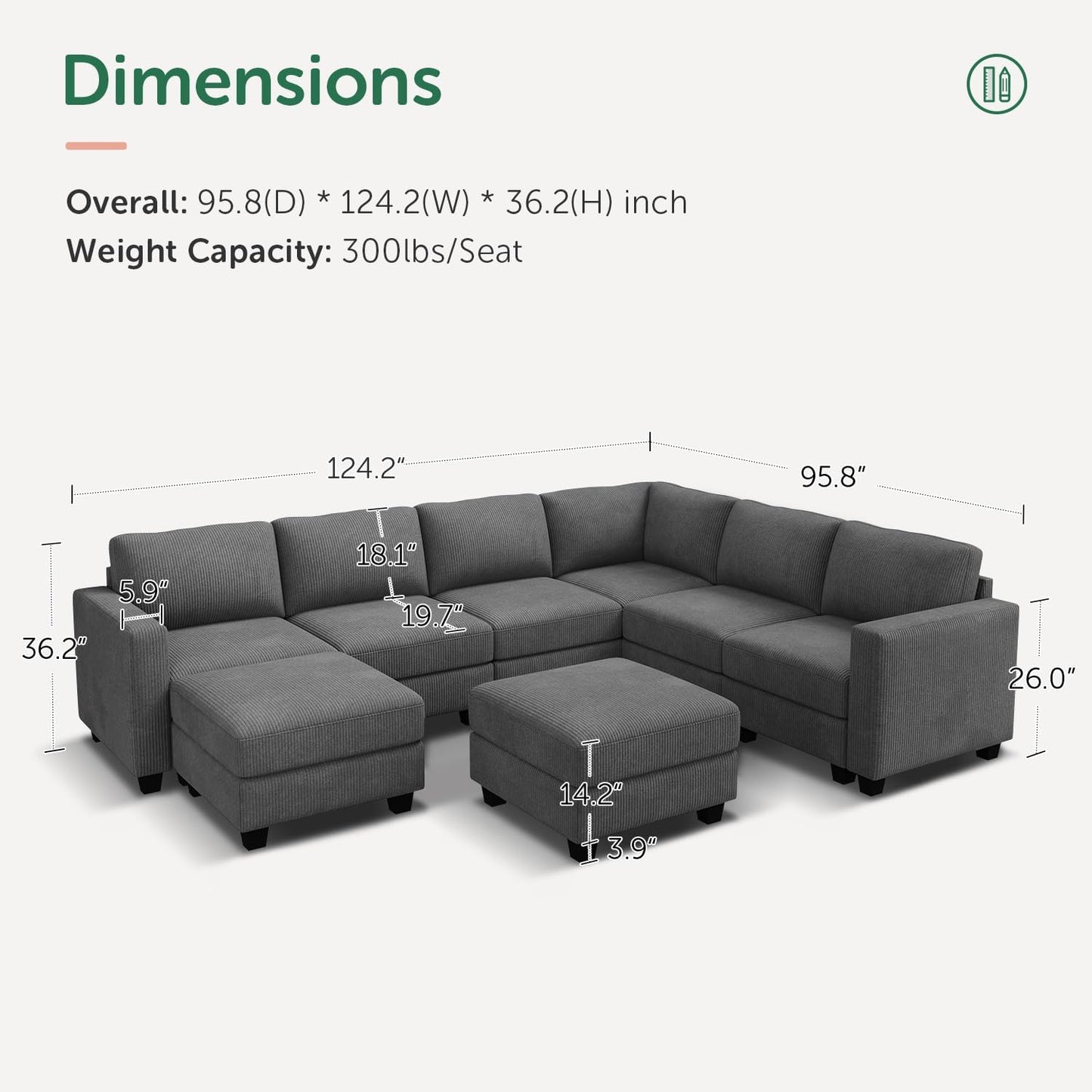 HONBAY Corduroy Sectional Couch with Storage U Shaped Sectional Sofa Modular Sectional Couches for Living Room, Dark Gray