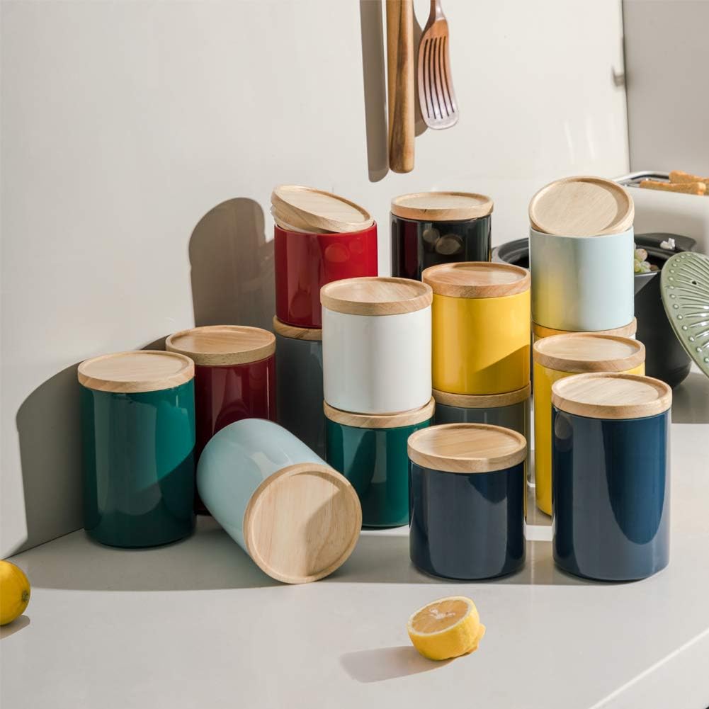 Sweejar Kitchen Canisters Ceramic Food Storage Jar, Stackable Containers with Airtight Seal Wooden Lid for Serving Ground Coffee, Tea, Sugar, Salt and More - 16 Fl Oz (Black)