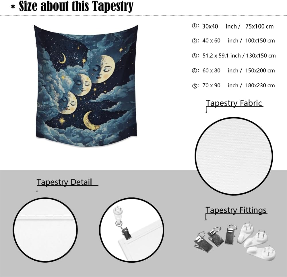 Blue Moon Faces Tapestry Celestial Wall Art Dark Academia Aesthetic Print Stars Clouds Tapestries Wall Hanging whimsical Gothic Home Decor for Bedroom Living Room 60x80inch