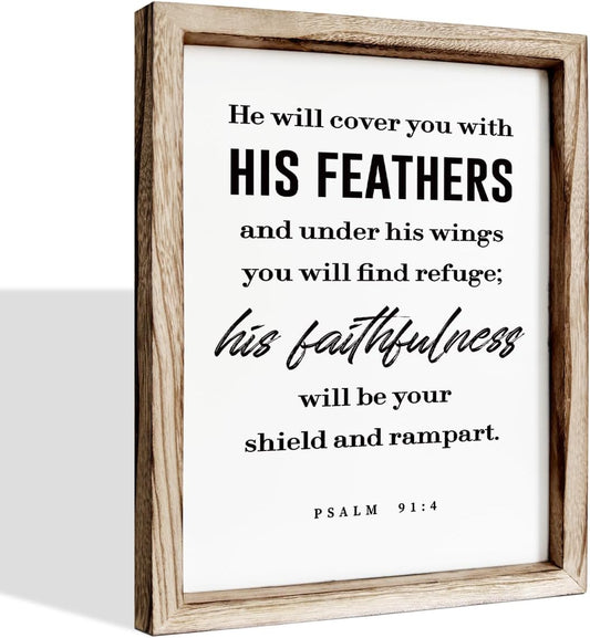 Christian Decor Signs, Framed Wall Plaque Sign 15 * 11.5 inches, Religious Home Decor, Inspirational Christian Gift for Him, He will Cover You with His Feathers Sign