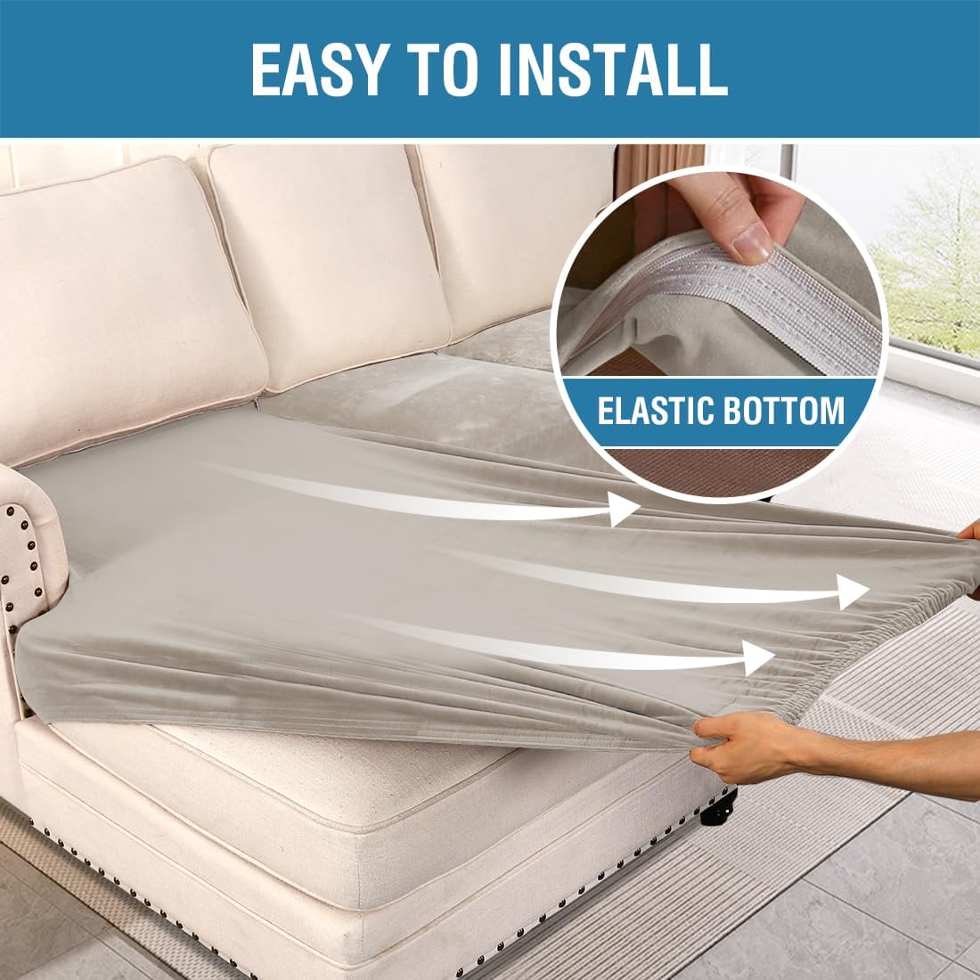 H.VERSAILTEX Velvet Stretch 3-Piece L Shape Sectional Couch Covers (Large 2 Seater + 1 Chaise, Oatmeal)