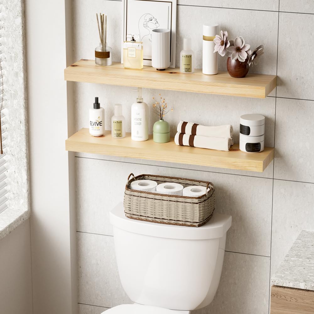 Habudda Floating Shelves for Wall, Solid Pine Wood Shelf for Bathroom Bedroom Kitchen, Rustic Room Decor, Wall Mounted, 30 Inches Long, Set of 2, Natural