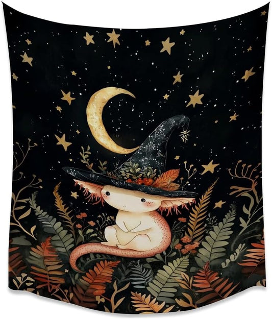 Whimsical Witch Tapestry Wall Hanging Decor Cute Axolotl Tapestry Magical Moon Animal Nursery Decoration Halloween Tapestries wall art for Home Kids Bedroom Living Room 40x60inch