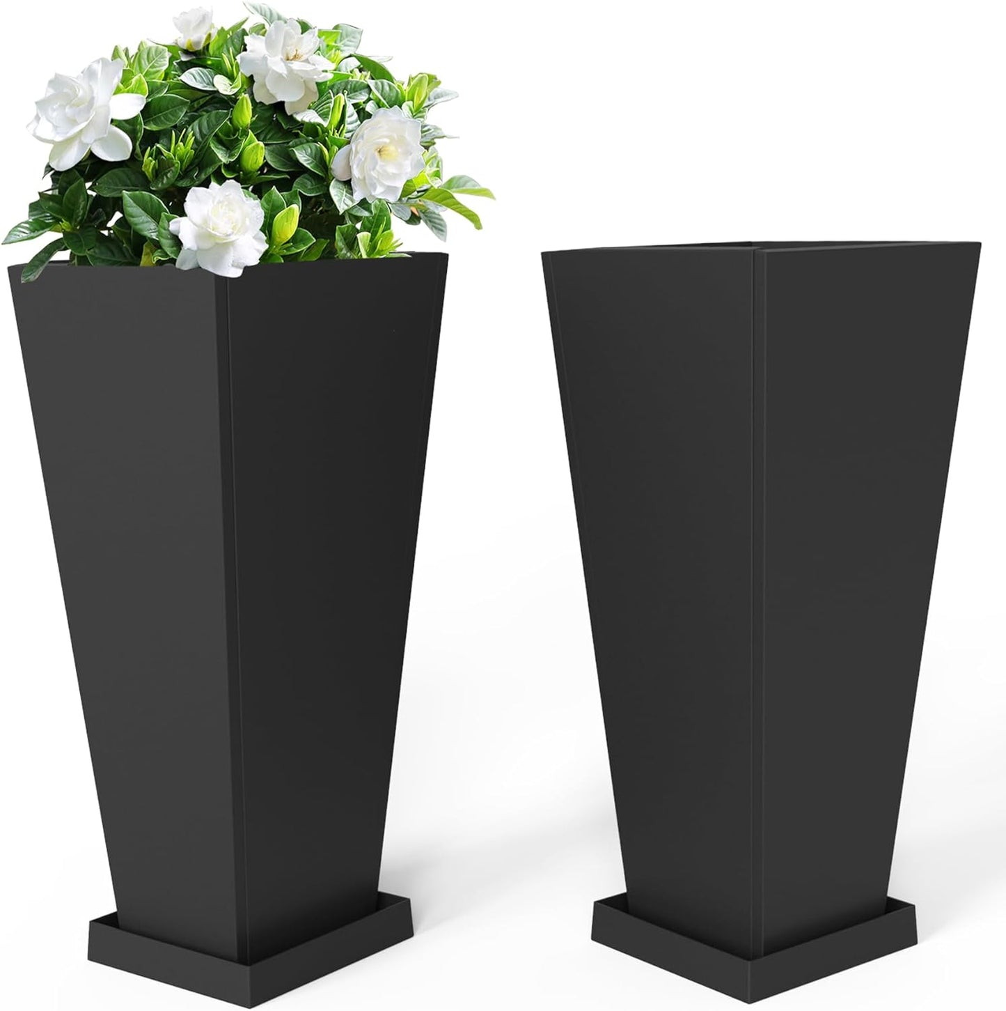 Metal Planter 30" H - 2 Pack, Tall Planters with Removable Insert Shelve & Saucer Trays, Metal Outdoor Planters for Porch, Garden, Patio, Yard (Black)