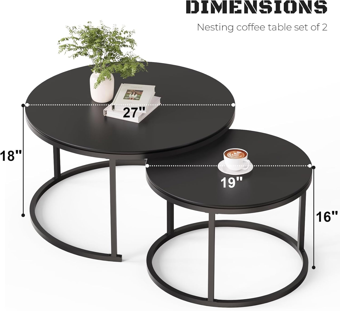 Round Nesting Black Coffee Table (Set of 2), Sintered Stone Top & Sturdy Metal Base for Living Rooms and Tight Spaces