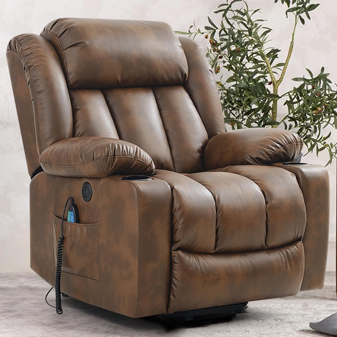 Power Lift Recliner Chair for Elderly Breathable Leather Recliner Chair with Massage and Heat for People Limited Mobility,2 Cup Holders,Electric Stand Assist,USB Ports,Gifts for Family (Ochre)