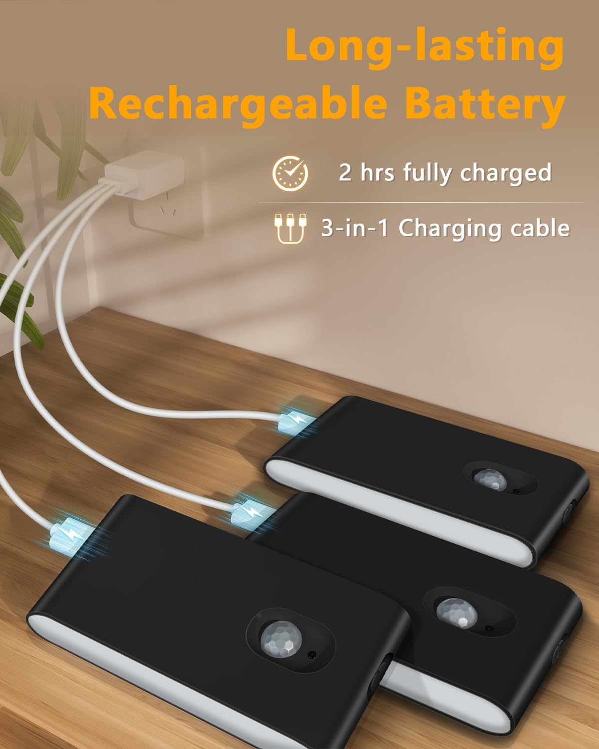 WILLED Motion Sensor Night Lights, Wireless Stair Lights Indoor, Battery Rechargeable Night Lights for Stairway, Hallway, Kitchen, Closet, Cabinet, Bedroom, Kids' Room(4-Pack)