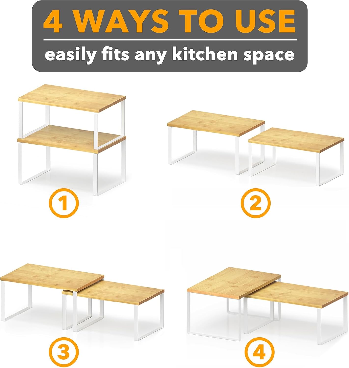 SpaceAid Cabinet Shelf Organizers 2 Pack, Kitchen Counter Rack Shelves Riser, Stackable Expandable Spice Rack, Pantry Cupboard Storage Organization (White and Natural, Short)