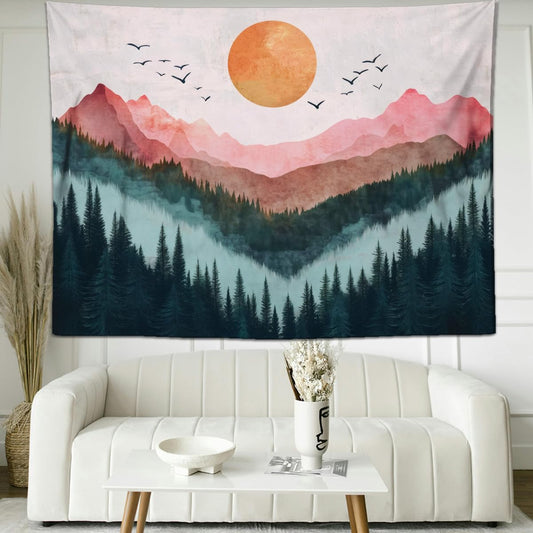 keowhsf Sunset Mountain Forest Tapestry - Large Nature Landscape Wall Hanging, Aesthetic Pine Tree Scenery Wall Art for Bedroom & Living Room Decor