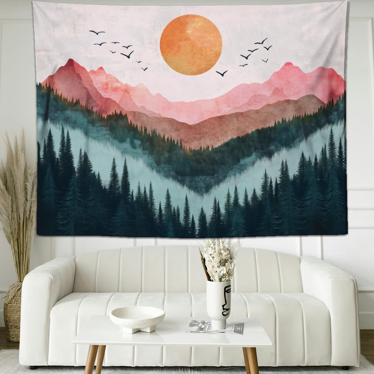 keowhsf Sunset Mountain Forest Tapestry - Large Nature Landscape Wall Hanging, Aesthetic Pine Tree Scenery Wall Art for Bedroom & Living Room Decor