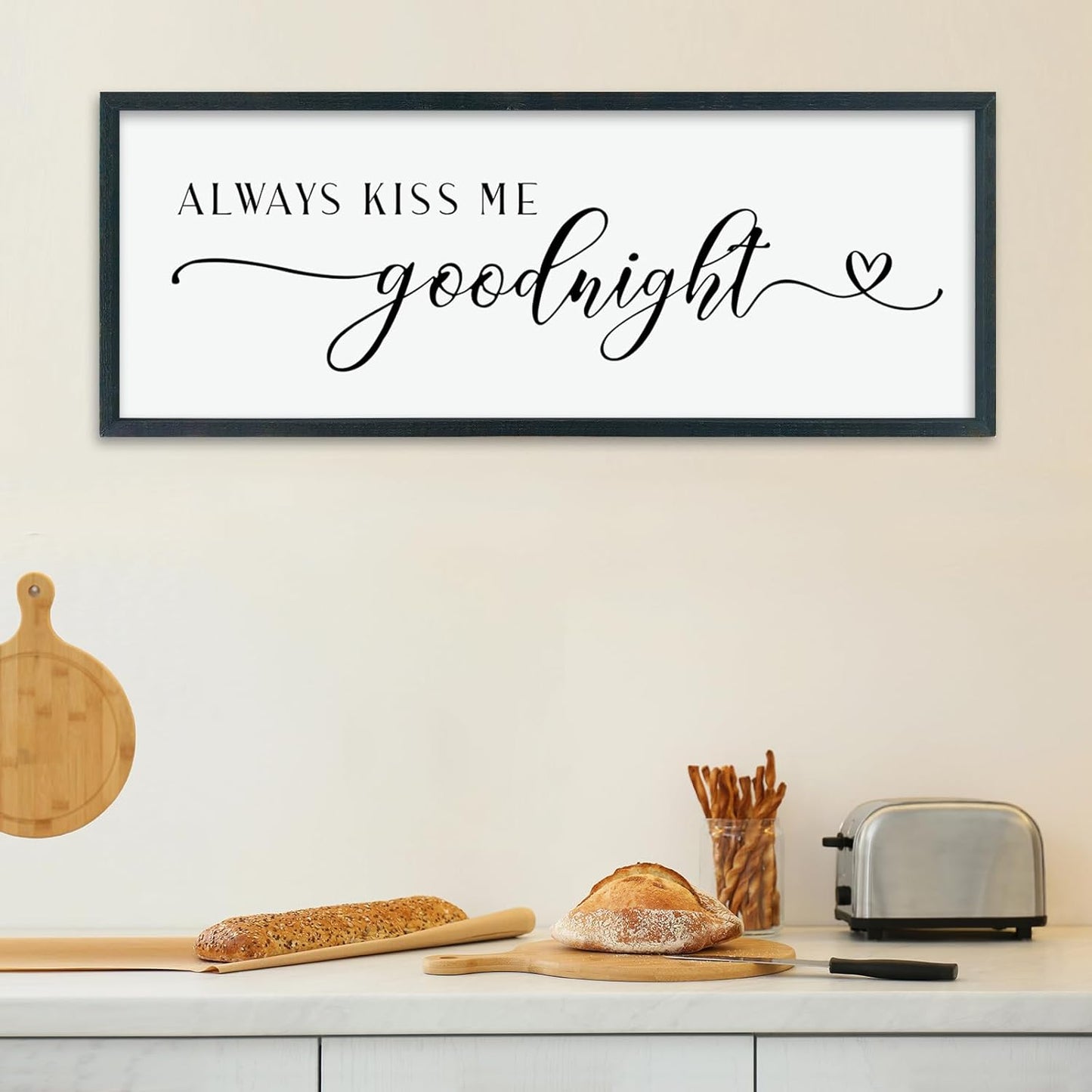 comurdyo Always Kiss Me Goodnight Sign for Bedroom Above bed Wall Decor 40''×15'' Large Wood Frame For Couples Over Bed Hanging Wall Art (Black)