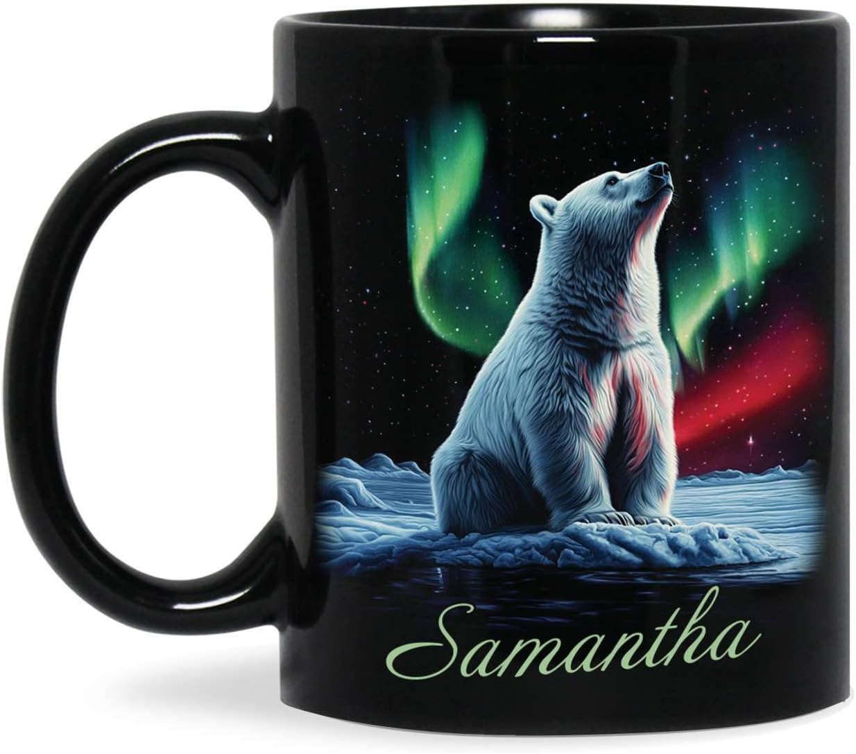 Custom Enchanted Arctic Landscape Design Cup, Customized Name Coffee Mug 11oz 15oz, Personalized Polar Bear And Northern Lights Ceramic Cup, Cute Polar Bear Black Mug, Gift For Her