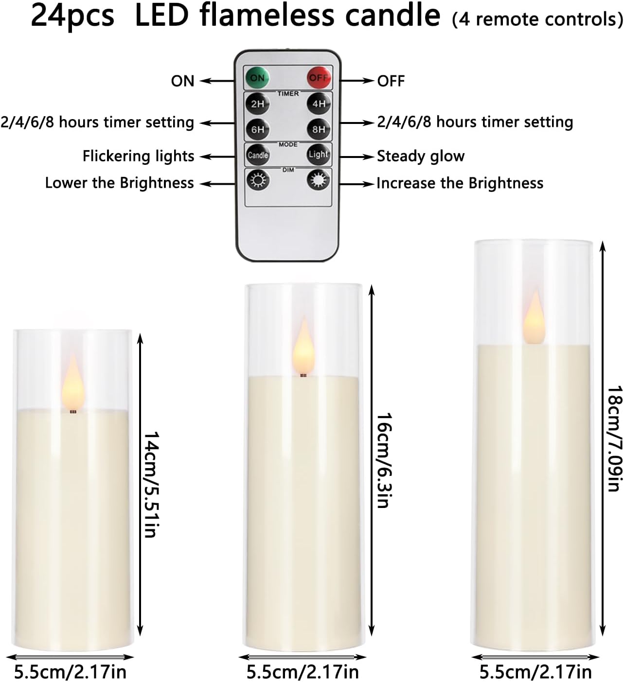 24-Pack Acrylic LED Flameless Pillar Candles with Remote & Timer, Battery Powered - Perfect for Indoor/Outdoor Decor,Wedding,BBQ and Gift - Easily Create a Magical Atmosphere.