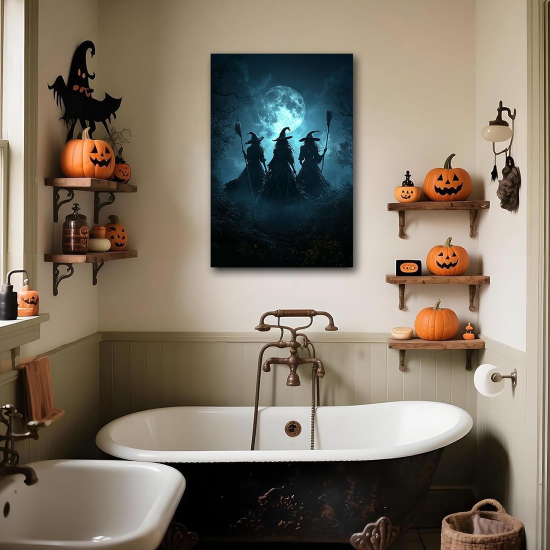 Moonlight Witches Halloween Canvas Art Picture,Three Witches on Broom in Forest Painting Print Gothic Decor,Halloween Witch Poster Witchy Room Aesthetic Bedroom Home Decorations,16"x24" Unframed