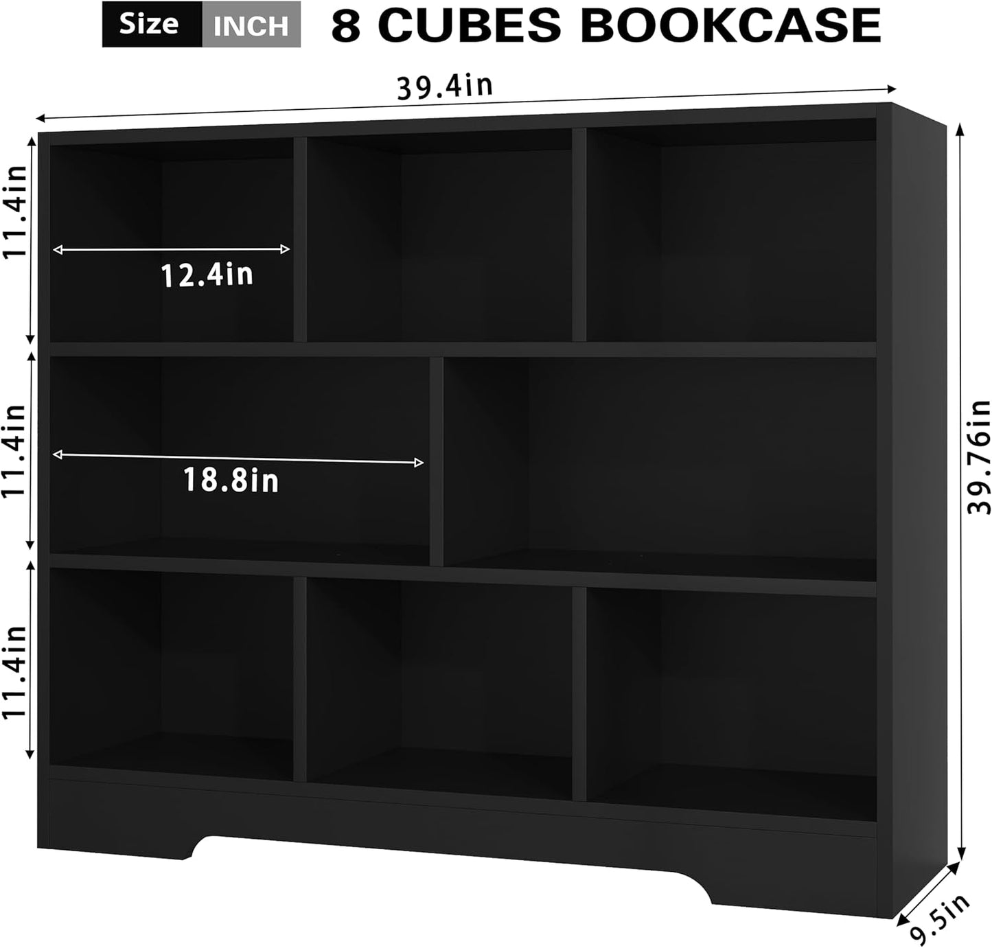 Book Shelf, 8 Cubes Storage Organizer, 3-Tier Open Shelf Wooden Bookcase, Freestanding Black Bookshelf Cube Shelf for Bedroom, Living Room, Home Office