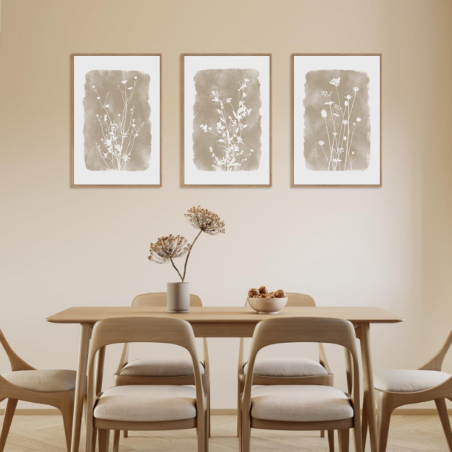 HPINUB Large Boho Wildflowers Canvas Framed Wall Art Set,Minimalist Vintage Flower Wall Decor,Beige Floral Botanical Artwork for Living Room Bedroom,Dining Room,Office -24"x36"x3