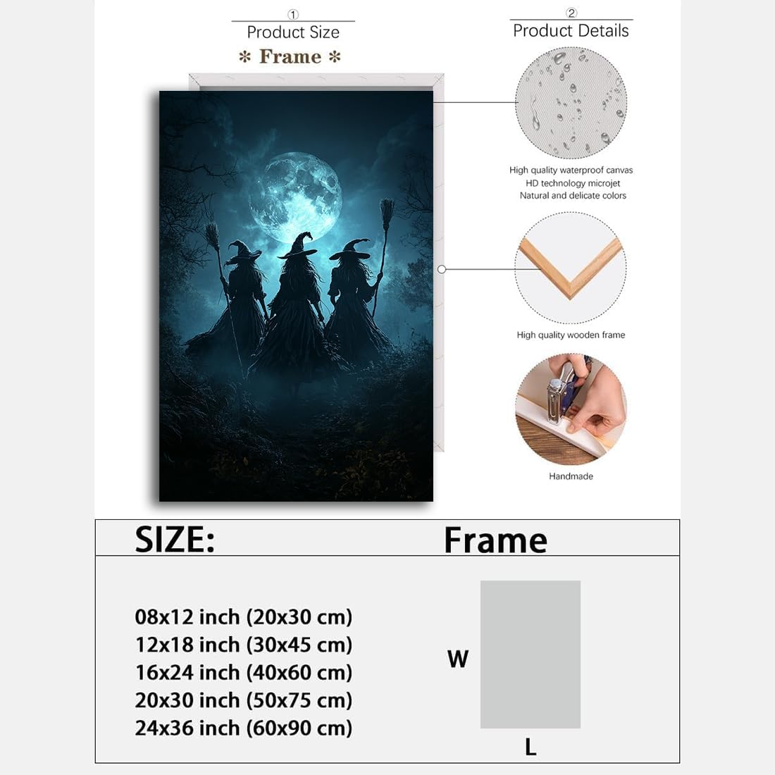 Moonlight Witches Halloween Canvas Art Picture,Three Witches on Broom in Forest Painting Print Gothic Decor,Halloween Witch Poster Witchy Room Aesthetic Bedroom Home Decorations,24"x36" Framed