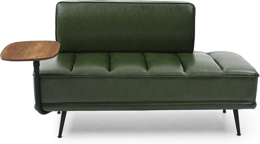 Sofa,Bed Bench,Small Spaces Furniture,Polyurethane Leather,Wood Frame,High Density Sponge Infillings,360-Degree Swivel Tray,Black Metal Leg (Green)