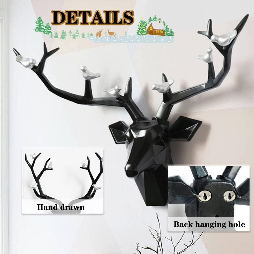 Deer Head Wall Decor Geometric Rustic Wall Mounted Deer Head, Faux Taxidermy Animal Head Wall Art Pendant, Handmade Resin Head Sculptures for Porch, Detachable Antlers, 6 Styles(Black,20.1x20.4IN)