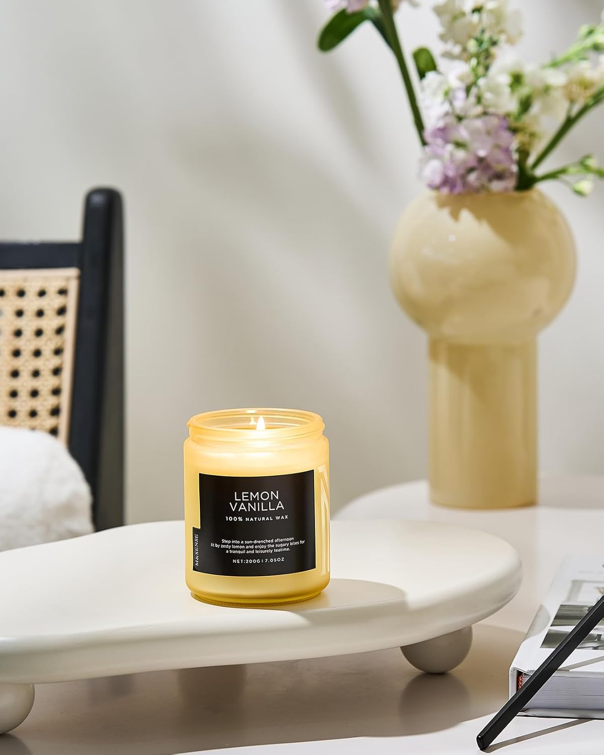 M&SENSE Lemon Vanilla Scented Slow Burning Candles for Home Scented, All Natural Soy Candles 7.05oz 50 Hours Slow Burning in Glass Jar, Stress Relief Gifts for Women and Men