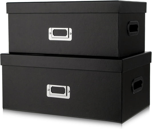 Briful Decorative Storage Boxes with Lids Set of 2 – 14'' + 13'' Set Rectangular Nesting Boxes – Cardboard Organizer with Lift-Top Lid – Black Wood for Home & Office