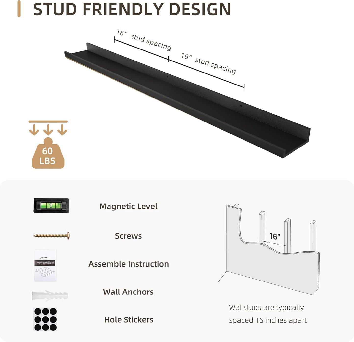 Picture Ledge Shelf, Wood Long Floating Shelves for Wall, Set of 2, 48 inch Picture Ledge Shelves, Photo Ledge Nursery Book Shelves Wall Mounted for Living Room Kids' Room Bedroom, Color Black