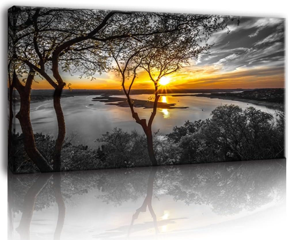 Bamdeya Black and White Canvas Wall Art Bedroom large Lake Tree Print Art Forest Gold Sunset Poster Picture Natural Scenery Wall Decor Living Room Landscape Painting Office Home Decorations Framed