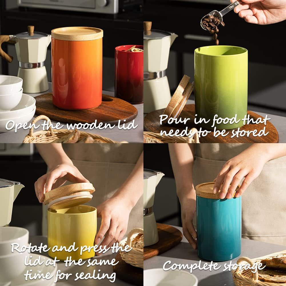 Sweejar Ceramic Food Storage Jar, Stackable Kitchen Canisters, Containers with Airtight Seal Wooden Lid for Serving Ground Coffee, Tea, Sugar, Salt and More - 16 Fl Oz (Gradient Gray)