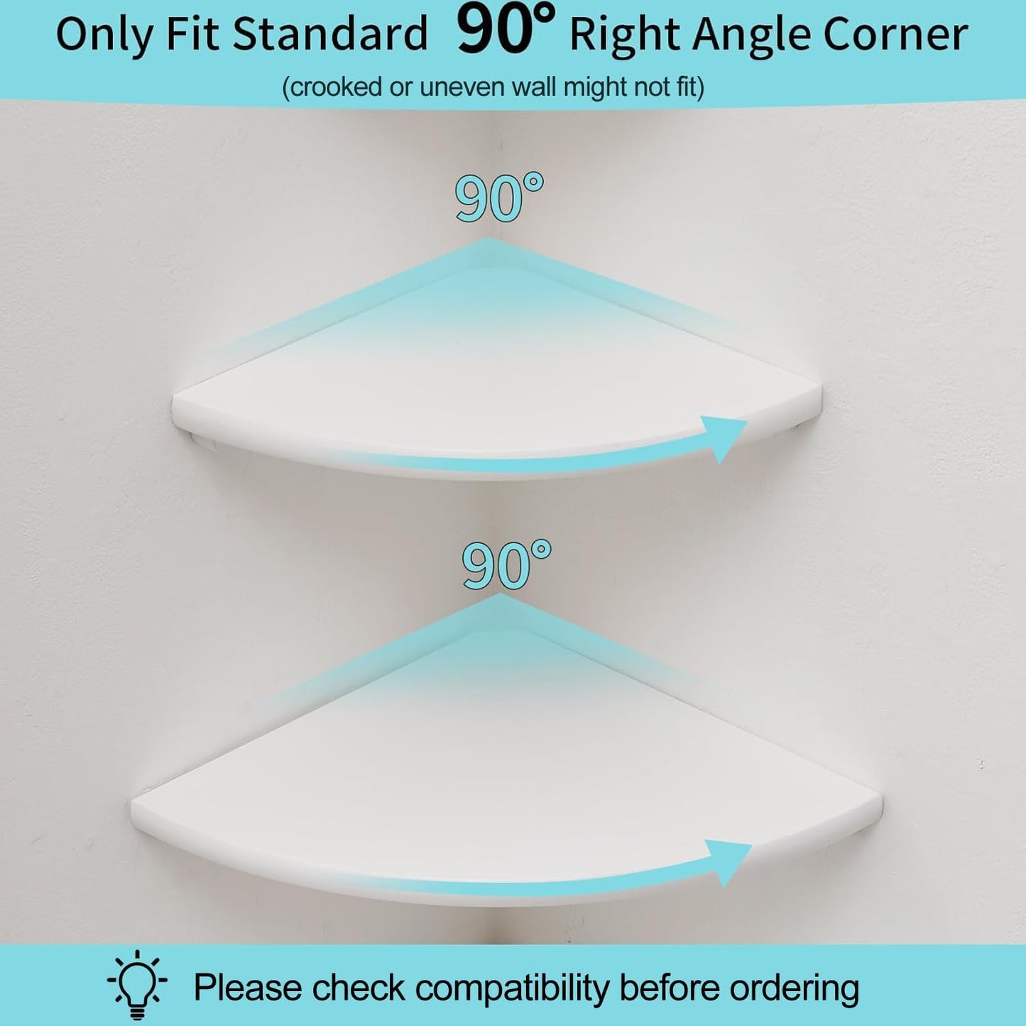 Corner Shelf, White Solid Oak Wood Floating Corner Shelves Wall Mount Round End Floating Speaker Rack for Small Plant Photo Frame (White, 8.6in)